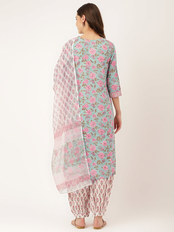 Green-Cotton-Hand-Block-Print-3-Piece-Kurta-Set