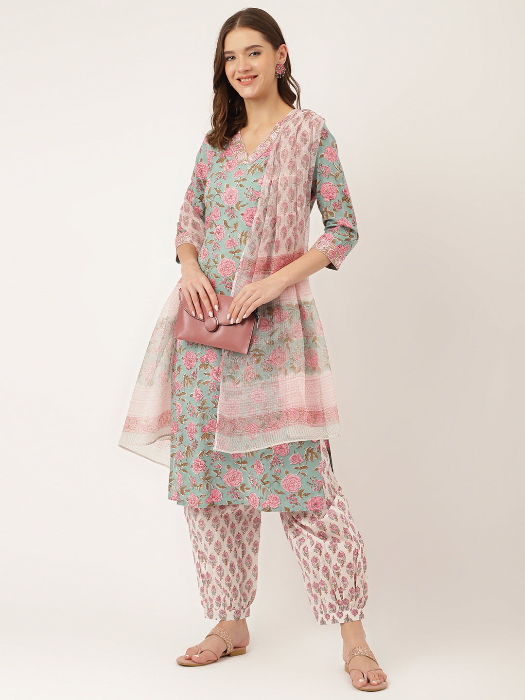 Green-Cotton-Hand-Block-Print-3-Piece-Kurta-Set