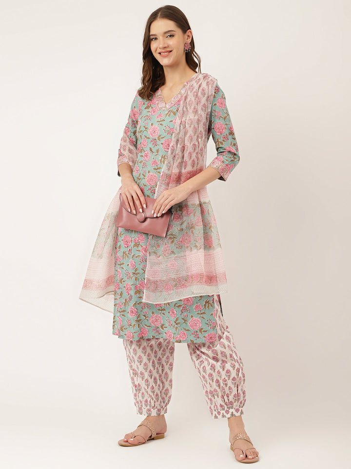 Green-Cotton-Hand-Block-Print-3-Piece-Kurta-Set