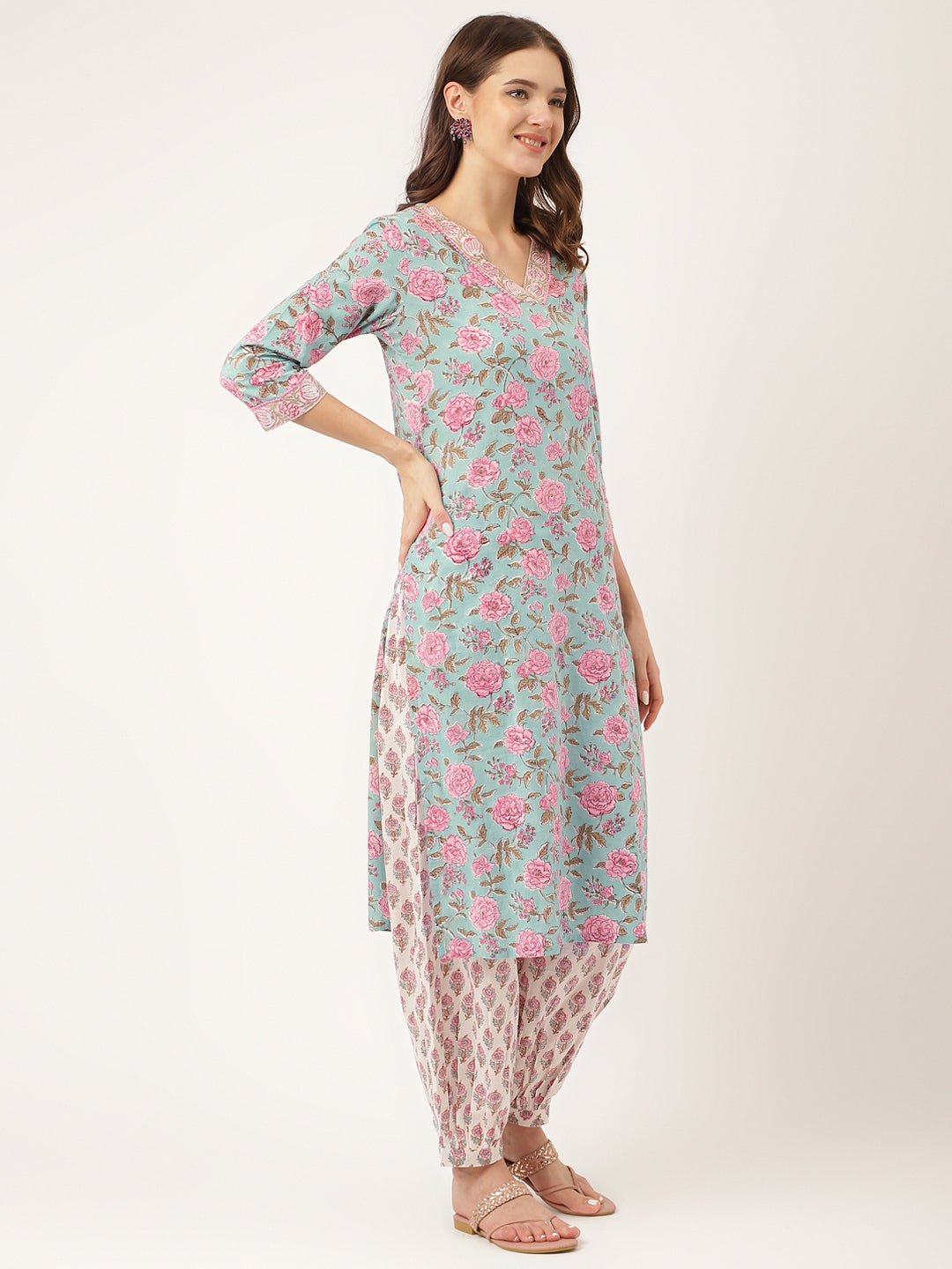 Green-Cotton-Hand-Block-Print-3-Piece-Kurta-Set