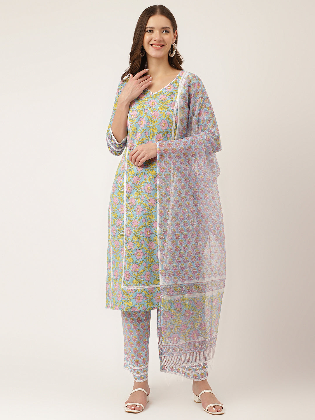 Blue-Cotton-Hand-Block-Print-3-Piece-Kurta-Set