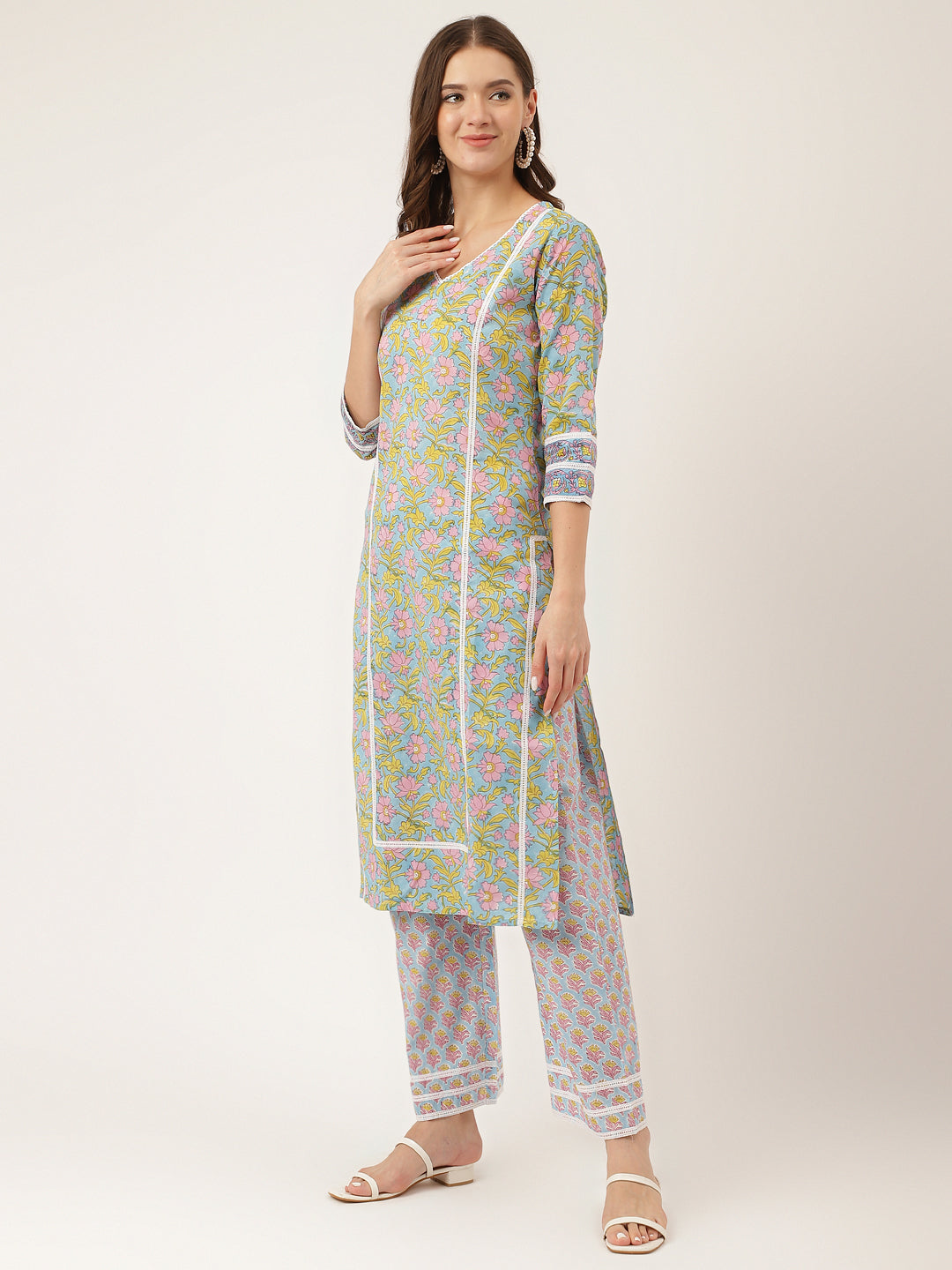 Blue-Cotton-Hand-Block-Print-3-Piece-Kurta-Set