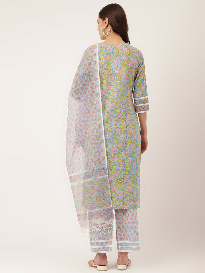 Blue-Cotton-Hand-Block-Print-3-Piece-Kurta-Set