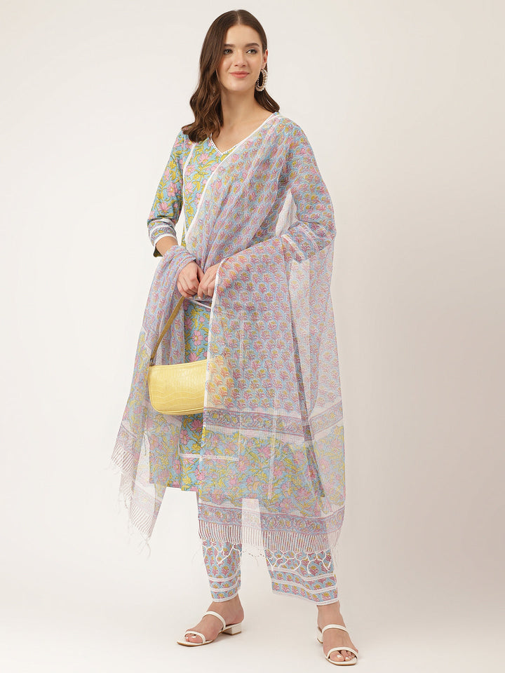 Blue-Cotton-Hand-Block-Print-3-Piece-Kurta-Set