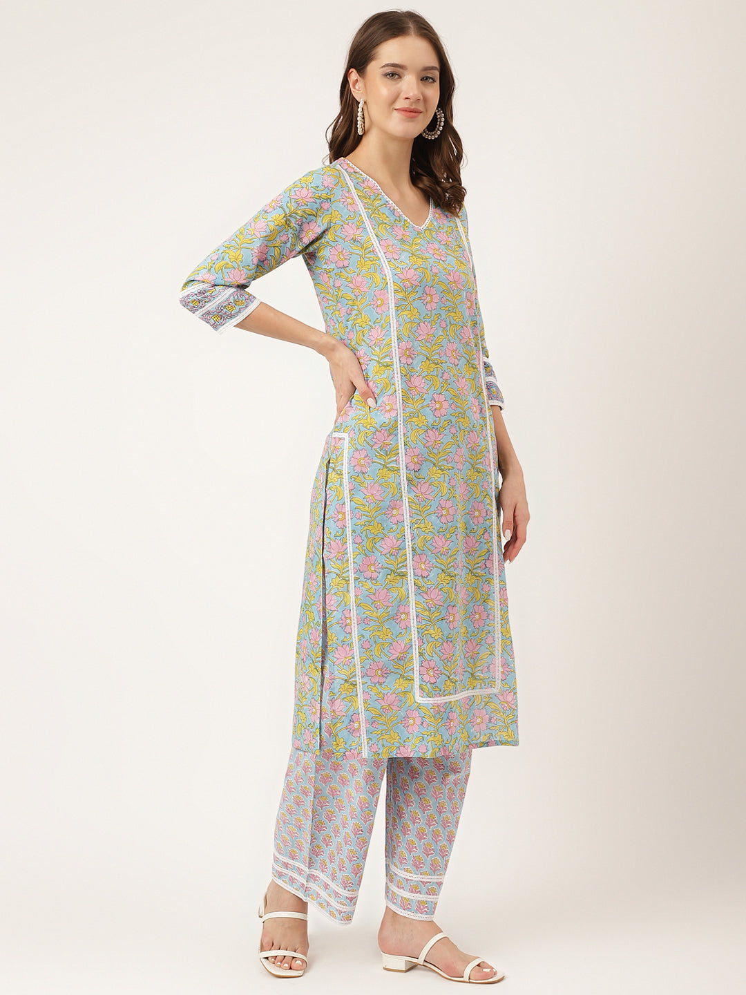 Blue-Cotton-Hand-Block-Print-3-Piece-Kurta-Set