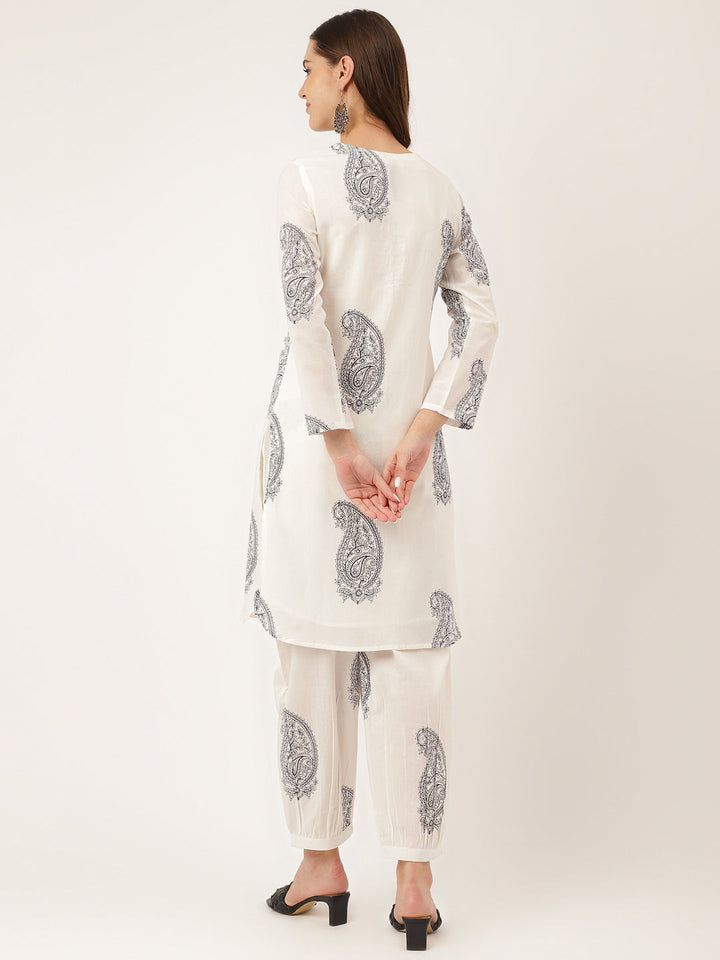 White-Cotton-Paisley-Print-2-Piece-Kurta-Set