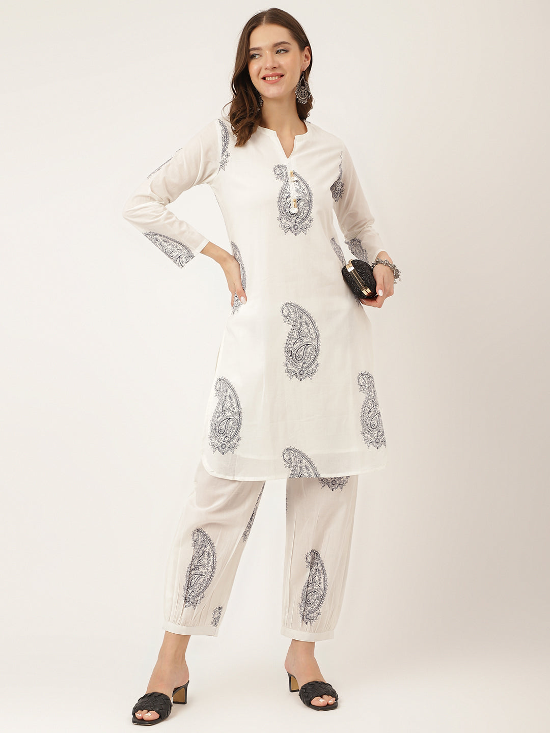 White-Cotton-Paisley-Print-2-Piece-Kurta-Set