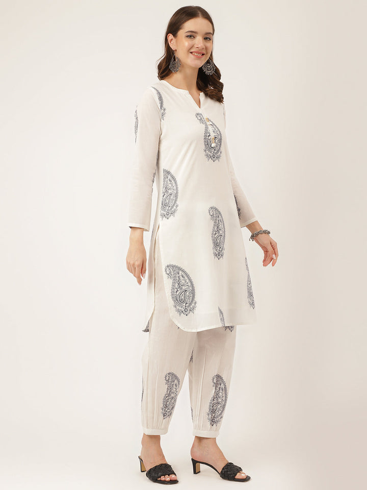 White-Cotton-Paisley-Print-2-Piece-Kurta-Set