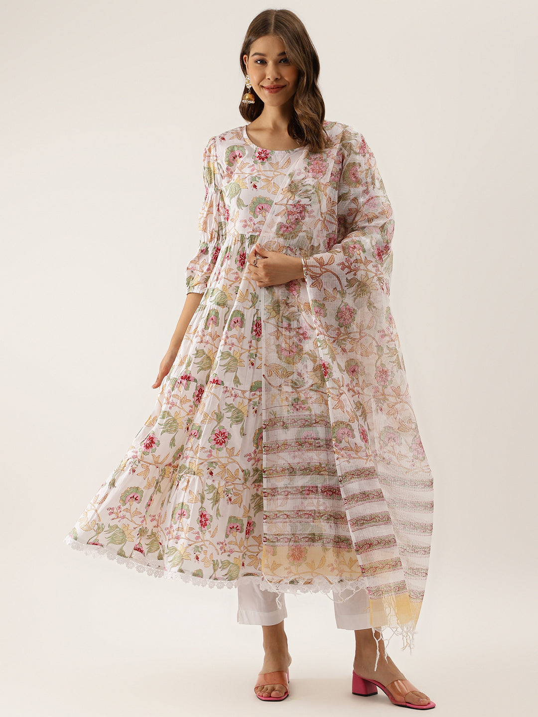 White-Cotton-Hand-Block-Floral-Print-3-Piece-Anarkali-Set