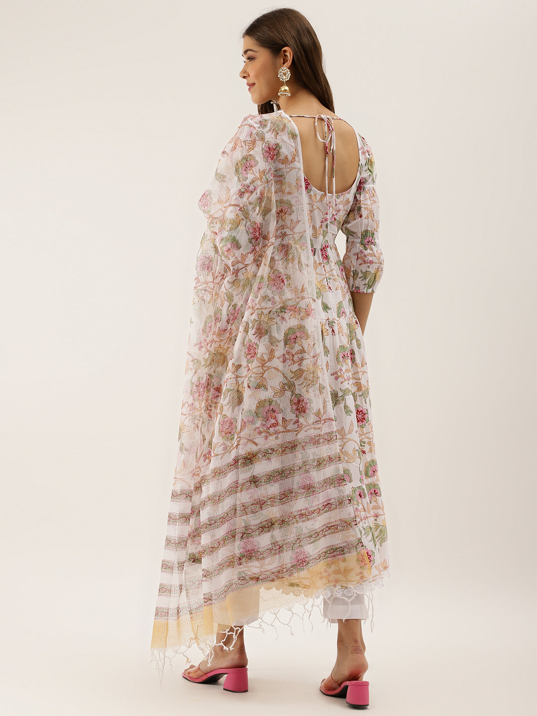 White-Cotton-Hand-Block-Floral-Print-3-Piece-Anarkali-Set