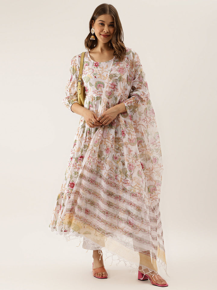 White-Cotton-Hand-Block-Floral-Print-3-Piece-Anarkali-Set