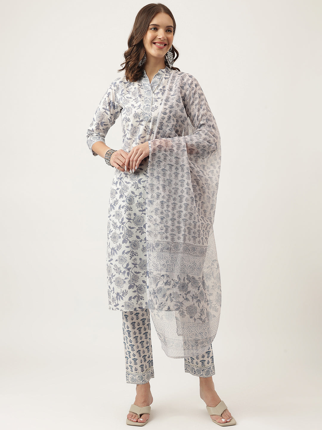 Sky-Blue-Cotton-Handblock-Floral-Printed-3-Piece-Kurta-Set