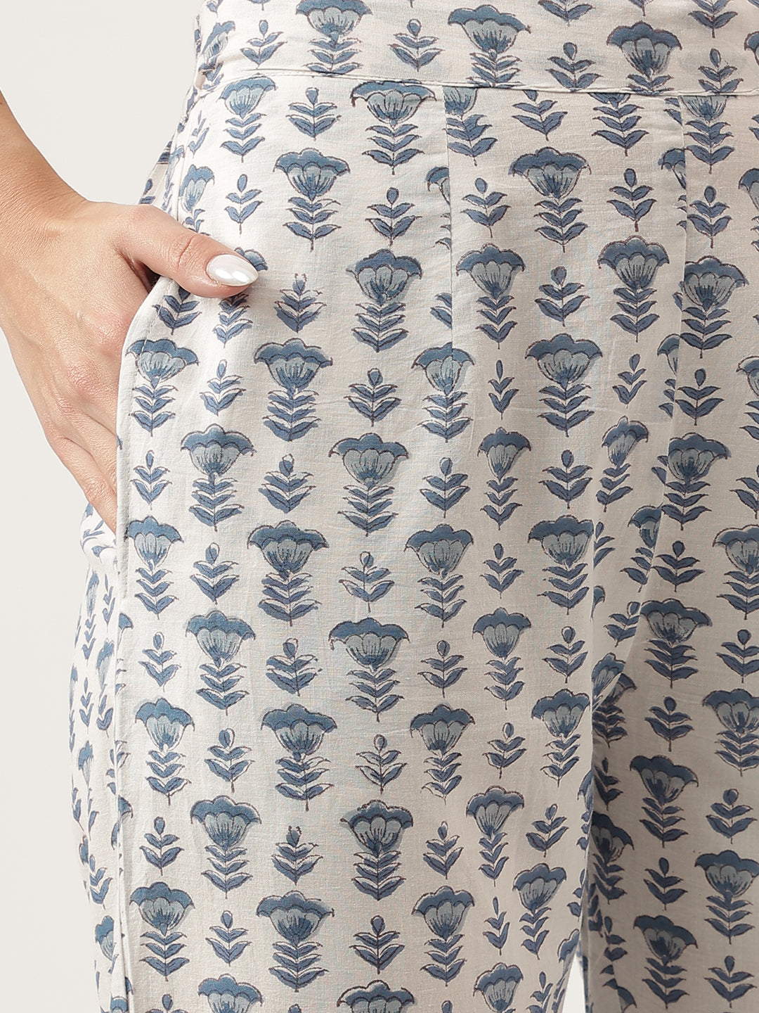 Sky-Blue-Cotton-Handblock-Floral-Printed-3-Piece-Kurta-Set