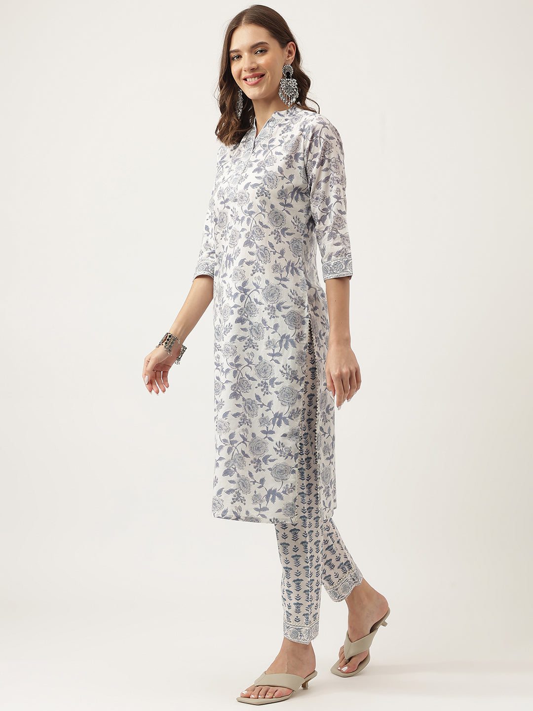 Sky-Blue-Cotton-Handblock-Floral-Printed-3-Piece-Kurta-Set