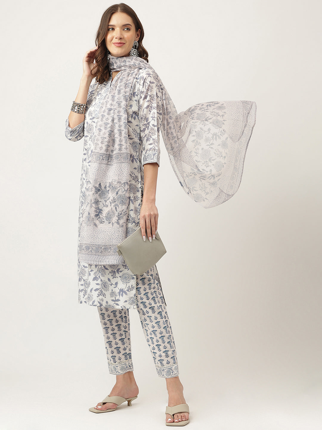 Sky-Blue-Cotton-Handblock-Floral-Printed-3-Piece-Kurta-Set