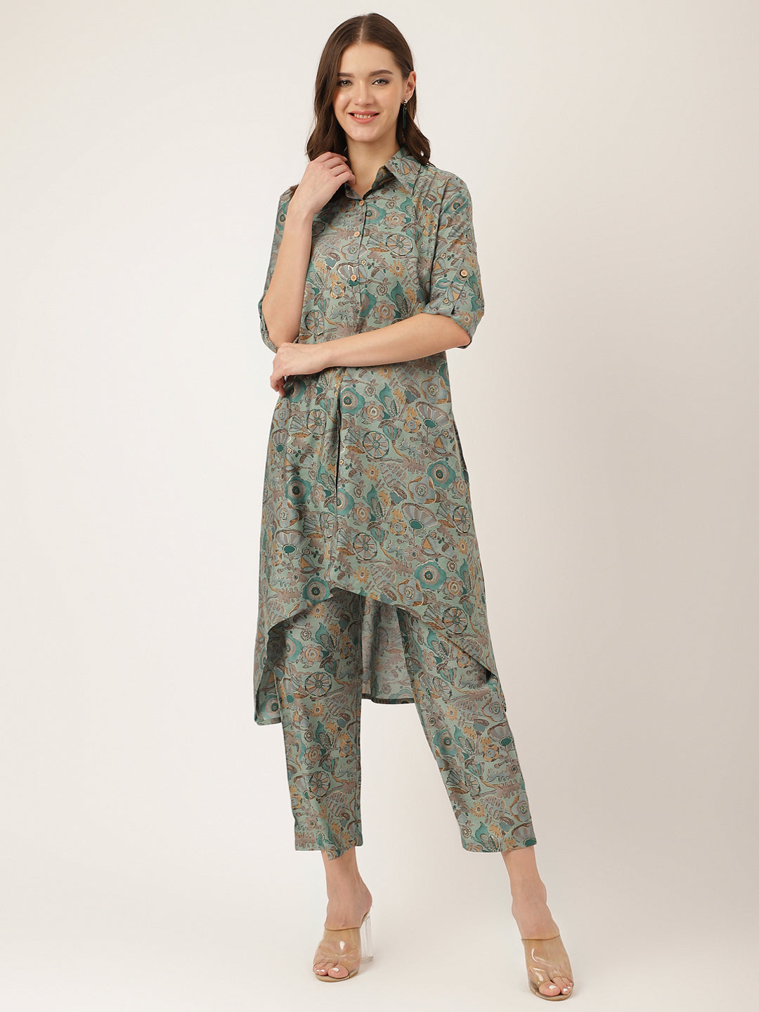 Blue-&-Green-Chanderi-Foil-Printed-2-Piece-Kurta-Set