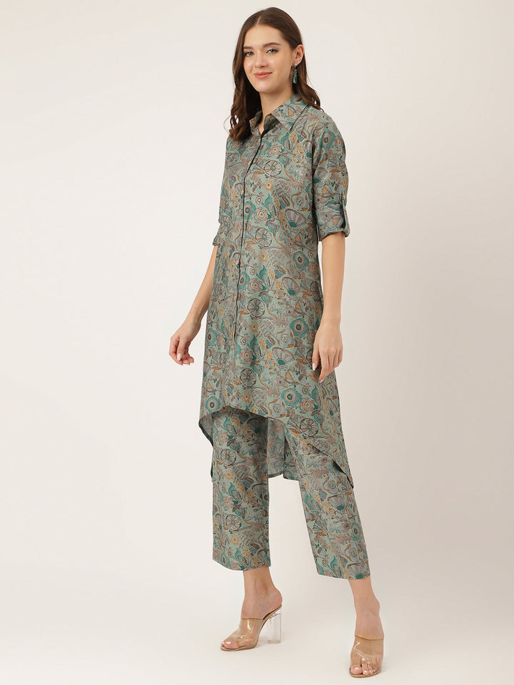 Blue-&-Green-Chanderi-Foil-Printed-2-Piece-Kurta-Set