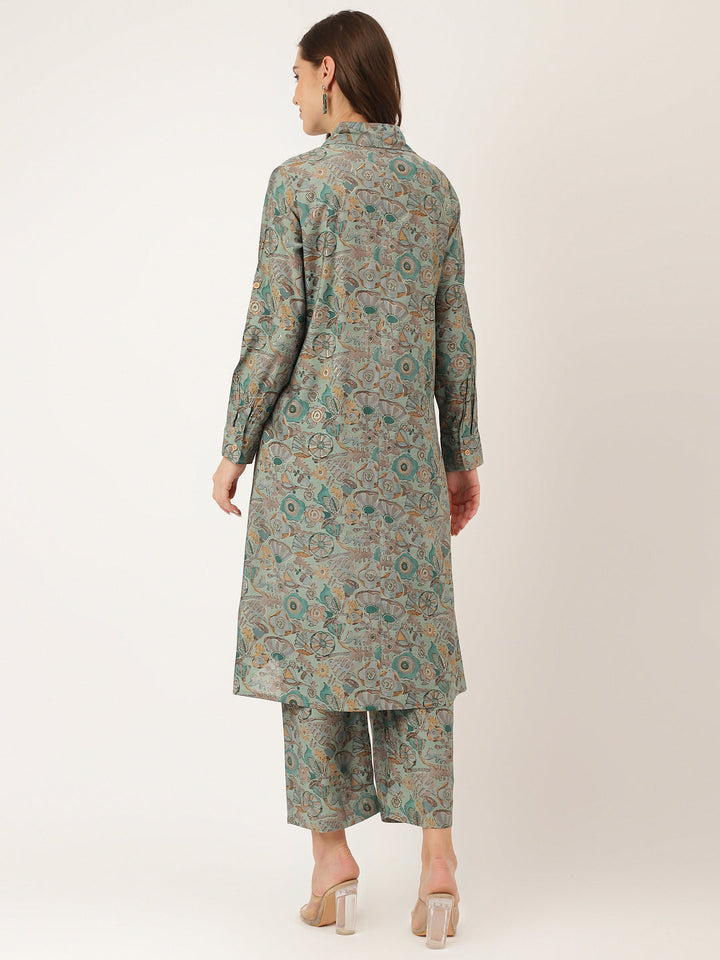 Blue-&-Green-Chanderi-Foil-Printed-2-Piece-Kurta-Set