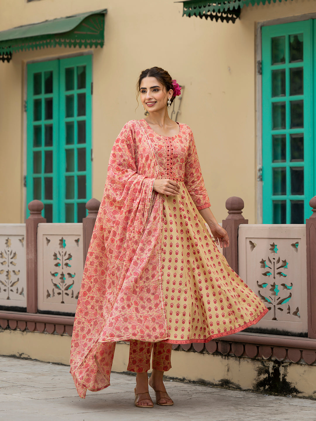 Peach-Cotton-Floral-Print-3-Piece-Anarkali-Set