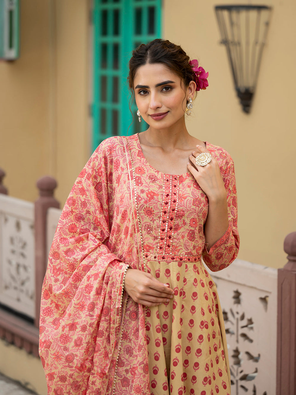 Peach-Cotton-Floral-Print-3-Piece-Anarkali-Set