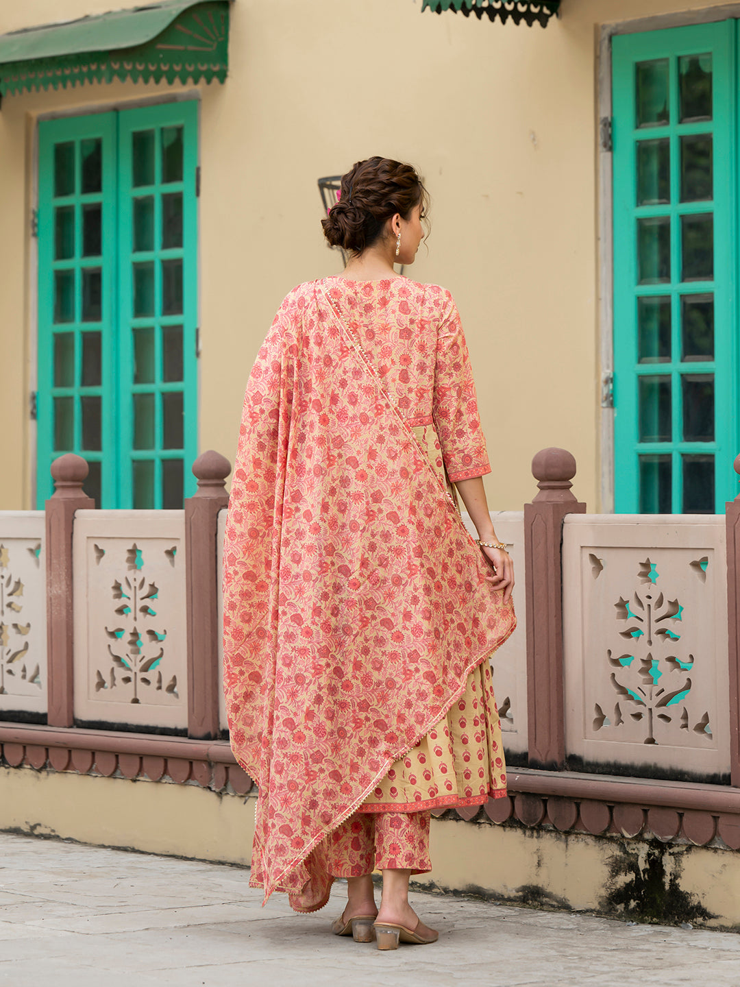Peach-Cotton-Floral-Print-3-Piece-Anarkali-Set