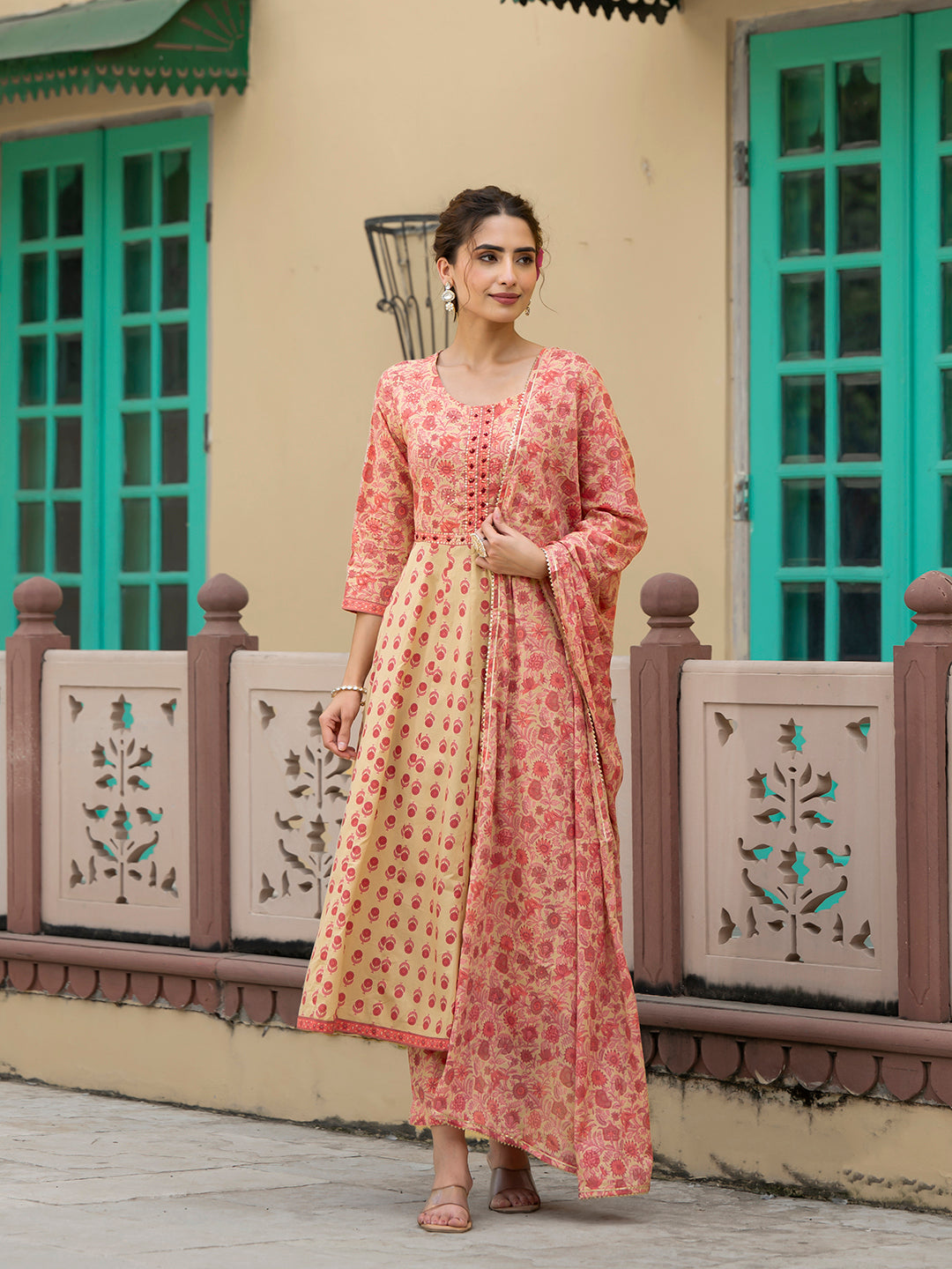 Peach-Cotton-Floral-Print-3-Piece-Anarkali-Set