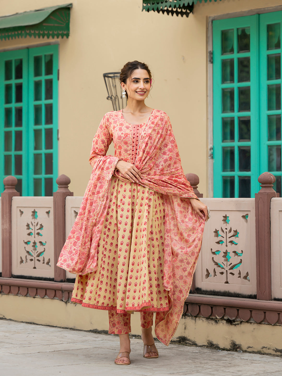 Peach-Cotton-Floral-Print-3-Piece-Anarkali-Set