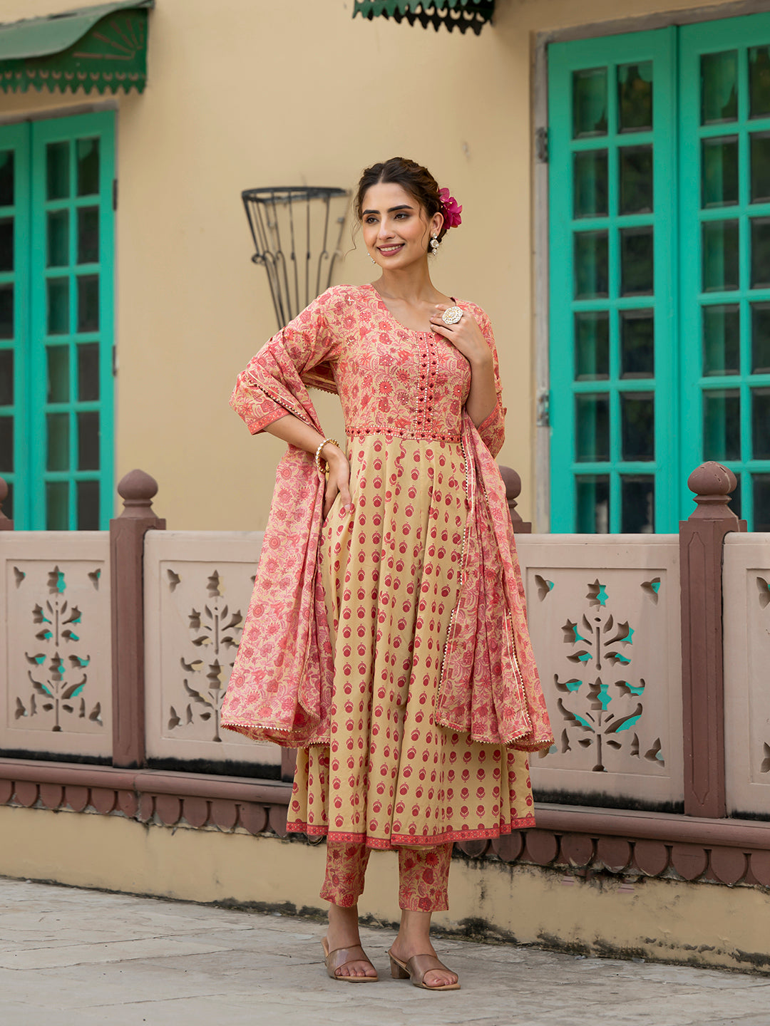 Peach-Cotton-Floral-Print-3-Piece-Anarkali-Set