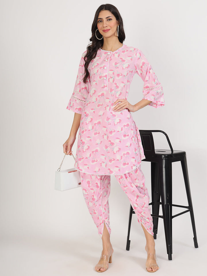 Pink-Cotton-Floral-Printed-Kurta-&-Dhoti-Set