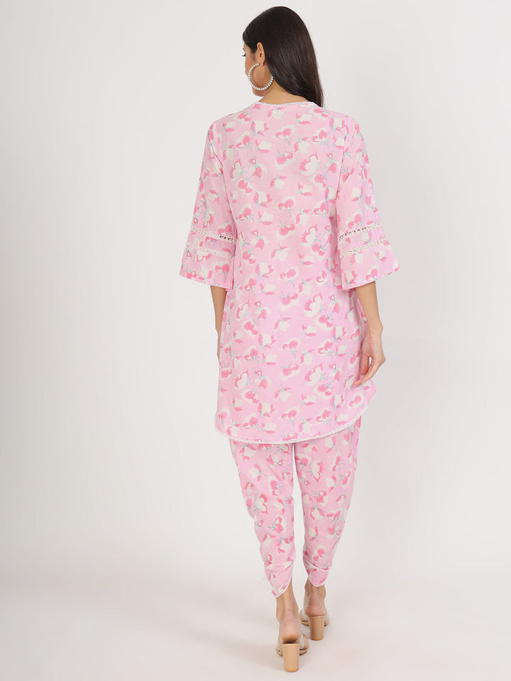 Pink-Cotton-Floral-Printed-Kurta-&-Dhoti-Set