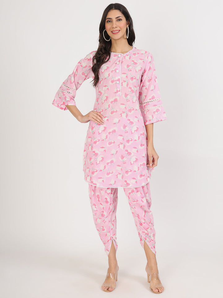 Pink-Cotton-Floral-Printed-Kurta-&-Dhoti-Set