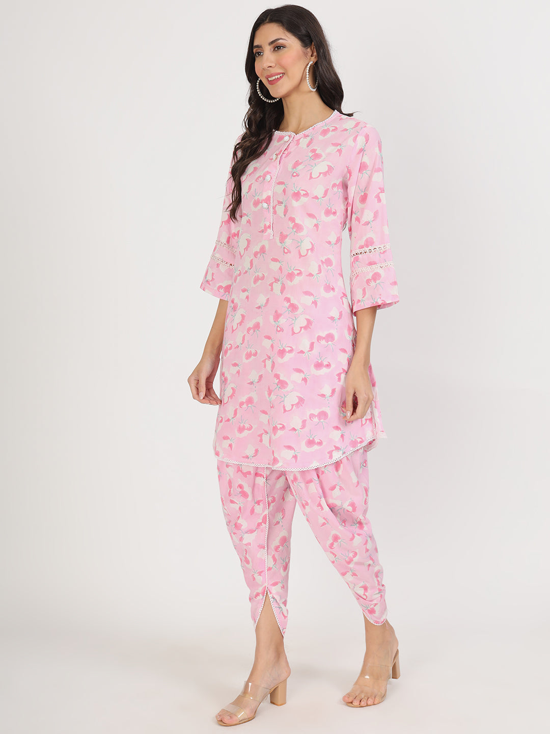 Pink-Cotton-Floral-Printed-Kurta-&-Dhoti-Set