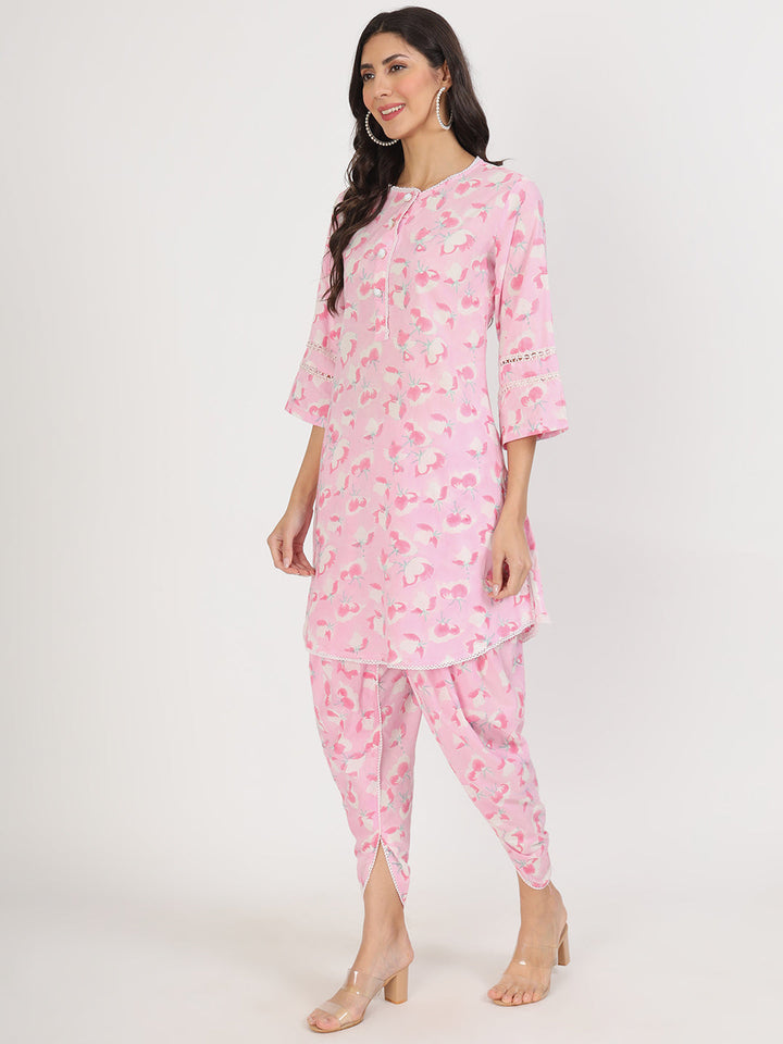 Pink-Cotton-Floral-Printed-Kurta-&-Dhoti-Set