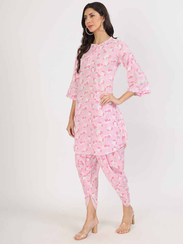 Pink-Cotton-Floral-Printed-Kurta-&-Dhoti-Set