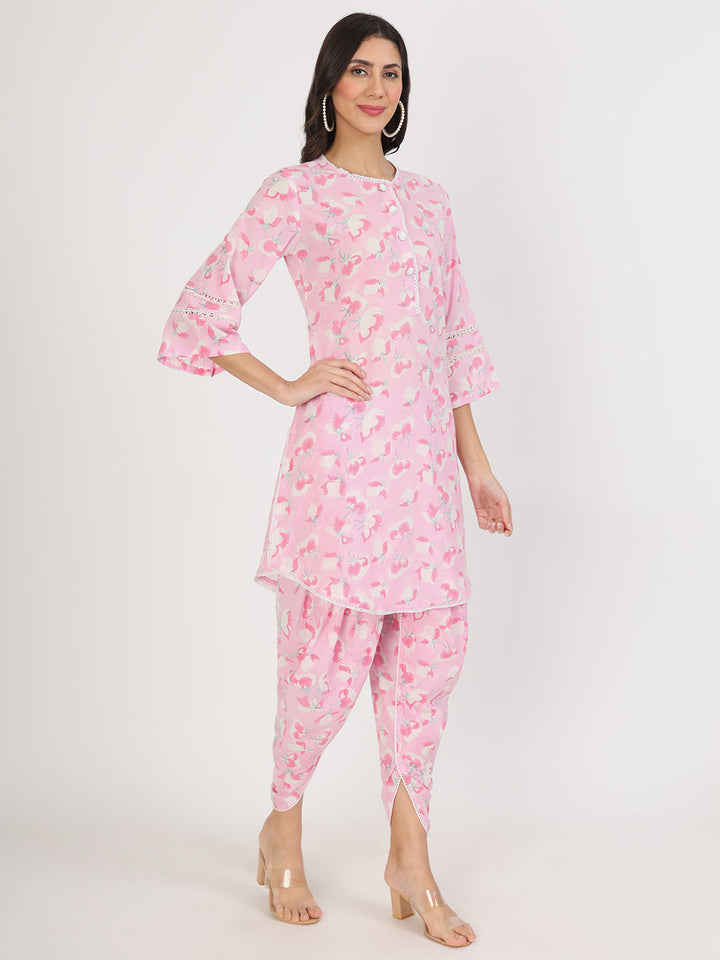 Pink-Cotton-Floral-Printed-Kurta-&-Dhoti-Set