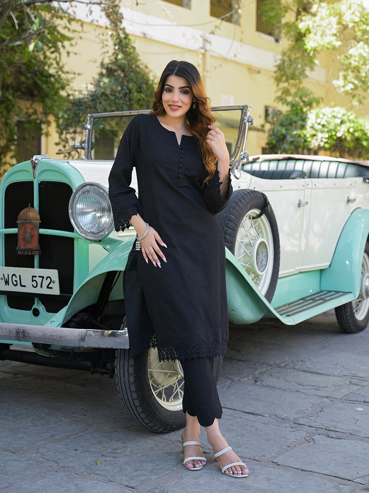 Black-Cotton-Solid-Print-2-Piece-Kurta-Set