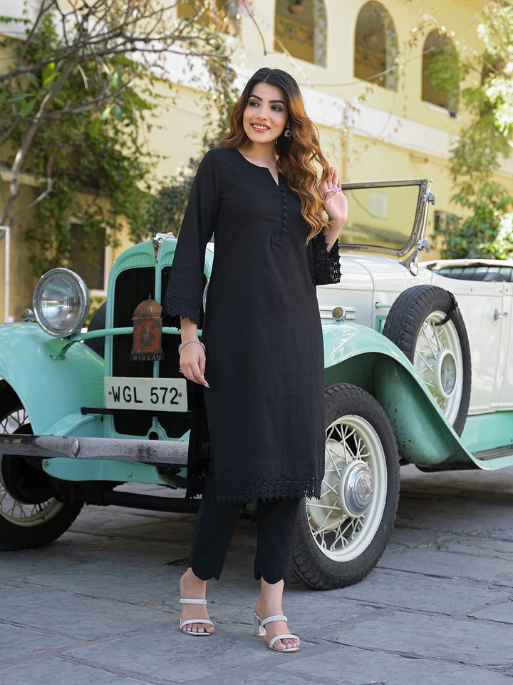 Black-Cotton-Solid-Print-2-Piece-Kurta-Set