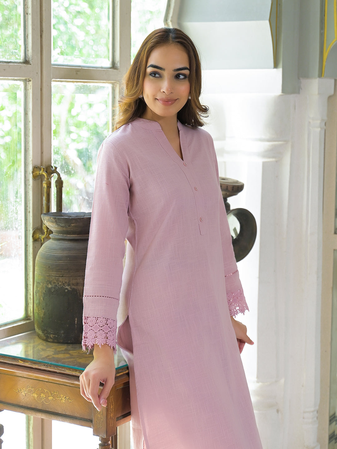 Light Pink Solid Cotton Straight 2-Piece Kurta Set