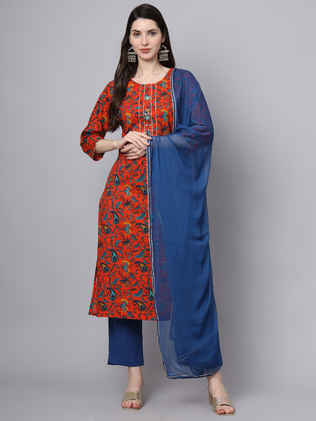 Orange-Cotton-Floral-Printed-Gotta-Patti-3-Piece-Kurta-Set