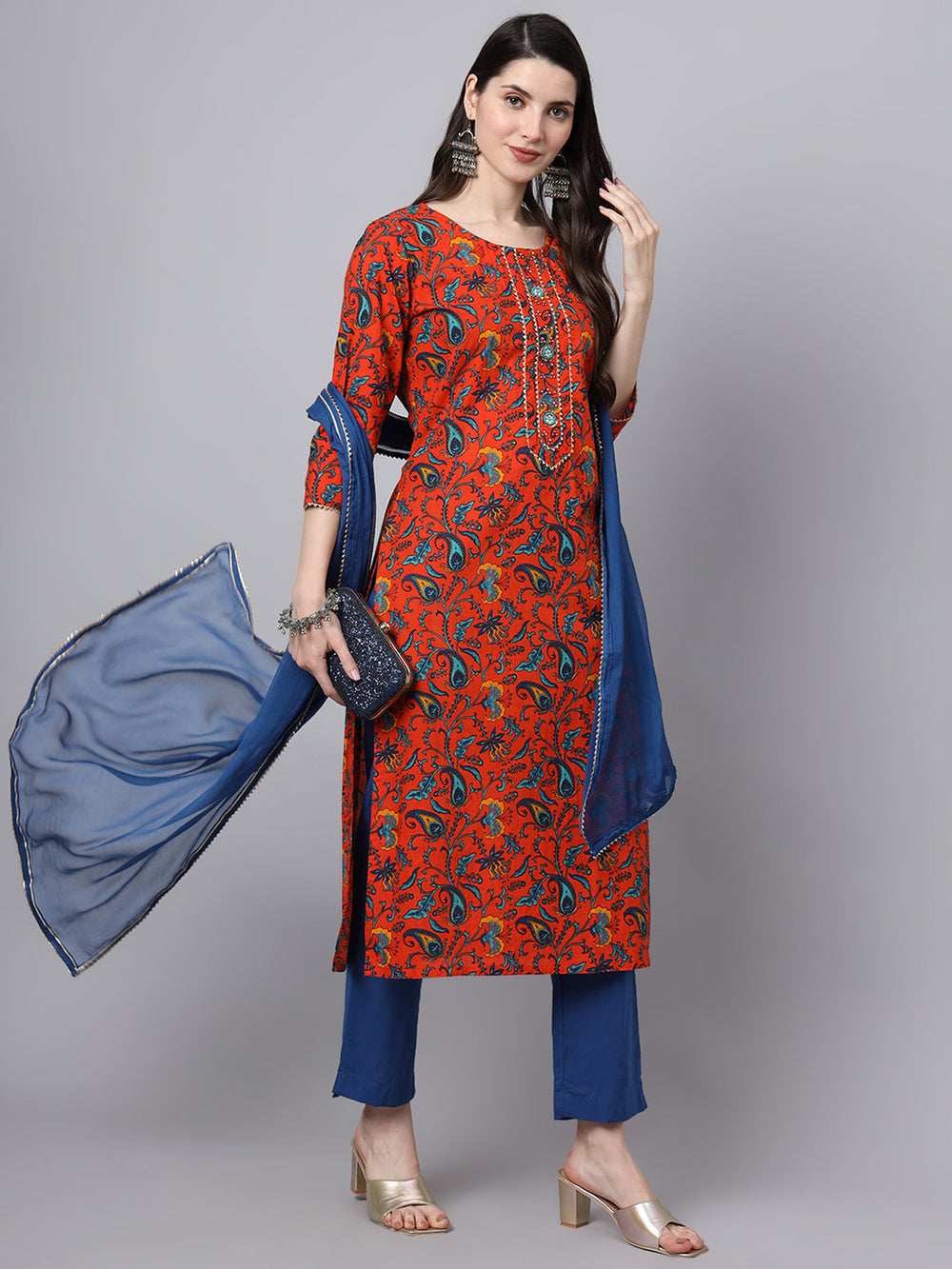 Orange-Cotton-Floral-Printed-Gotta-Patti-3-Piece-Kurta-Set