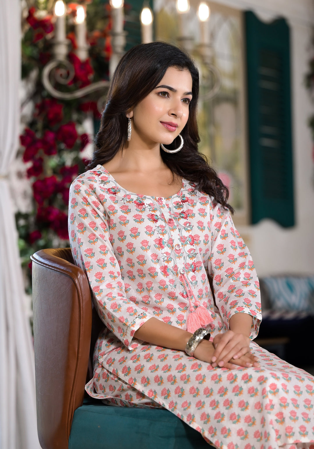White-&-Pink-Cotton-Floral-Printed-2-Piece-Kurta-Set