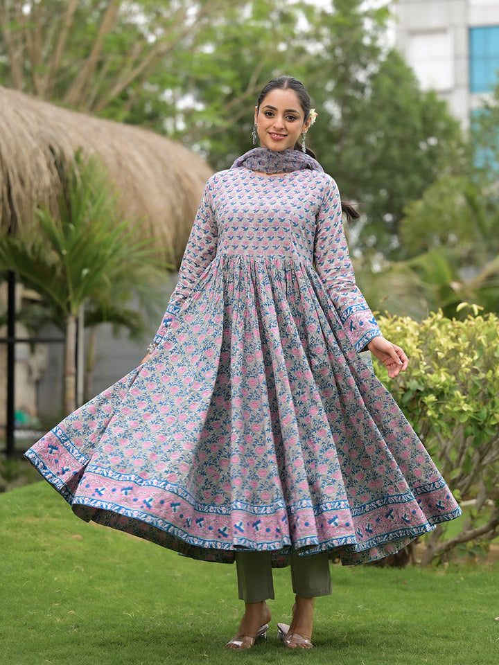 Blue-Cotton-Floral-Printed-3-Piece-Anarkali-Set