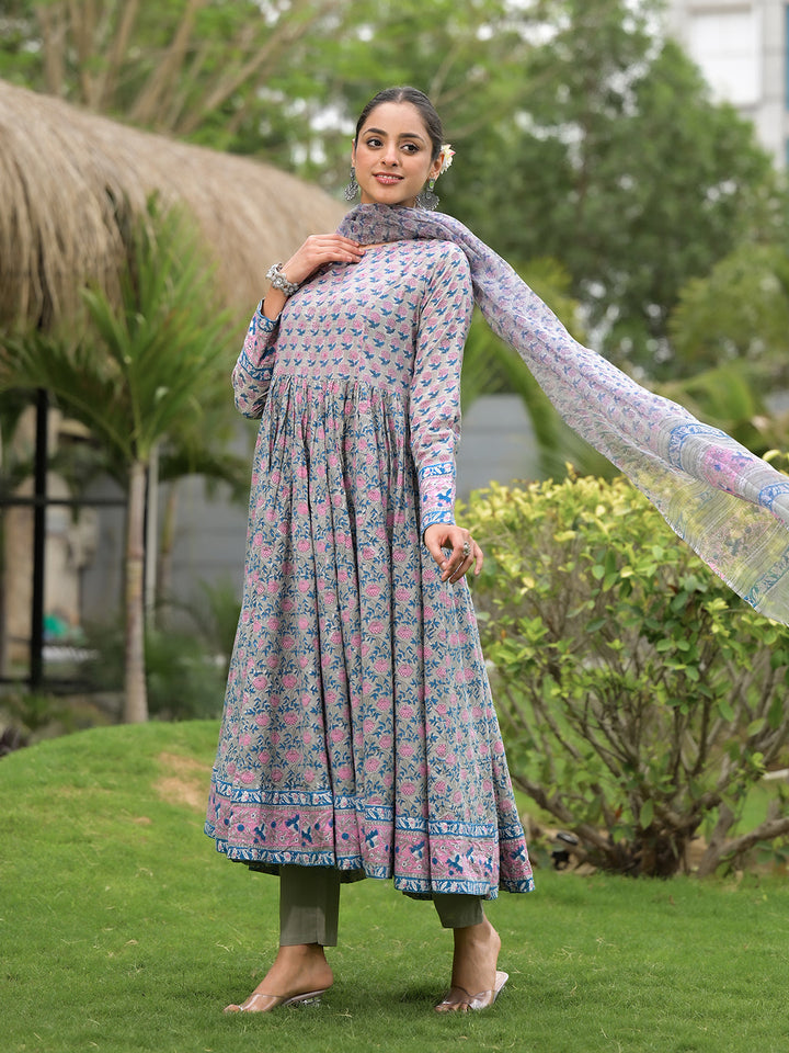 Blue-Cotton-Floral-Printed-3-Piece-Anarkali-Set