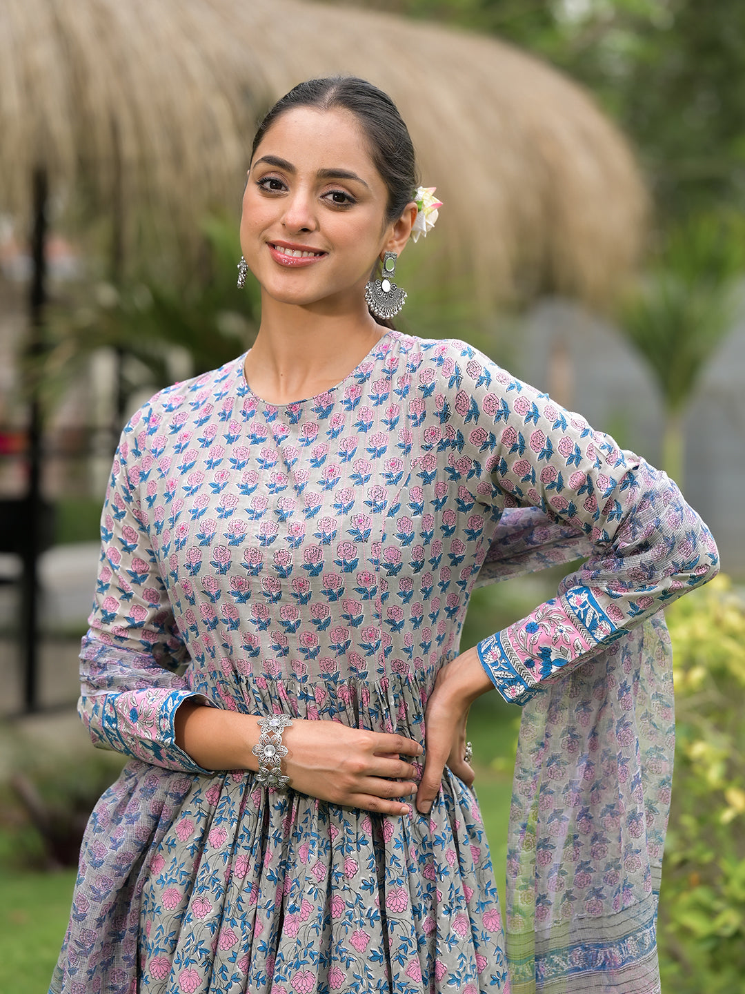 Blue-Cotton-Floral-Printed-3-Piece-Anarkali-Set
