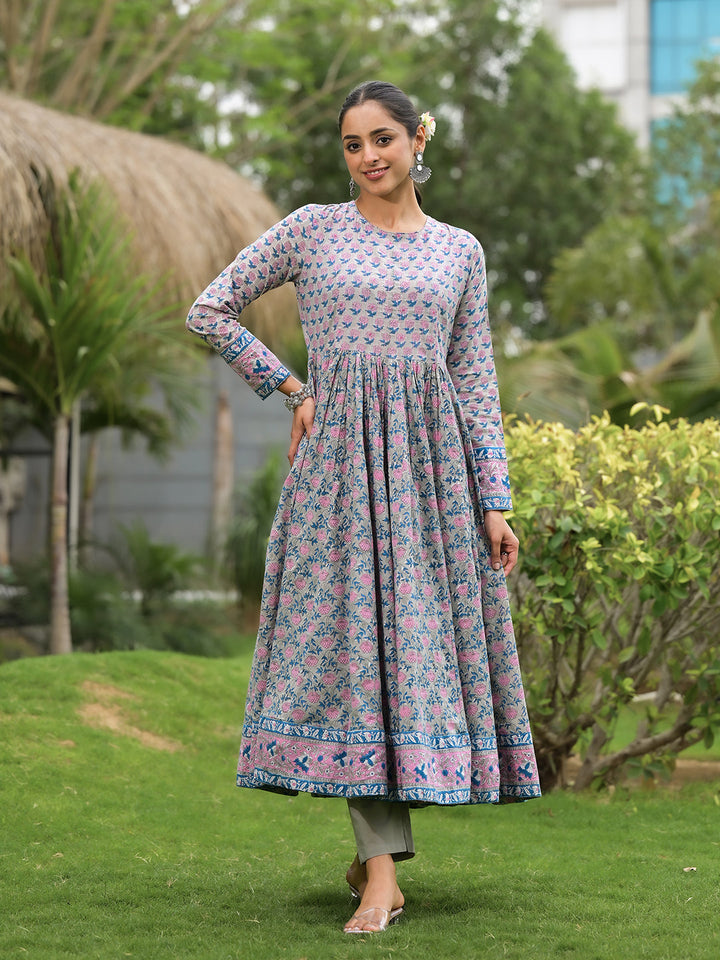 Blue-Cotton-Floral-Printed-3-Piece-Anarkali-Set