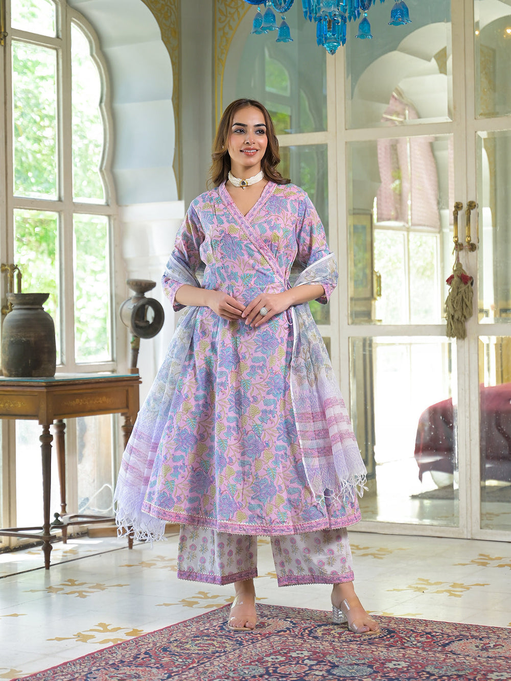 Pink-Cotton-Block-Print-Angarakha-Kurta-Set