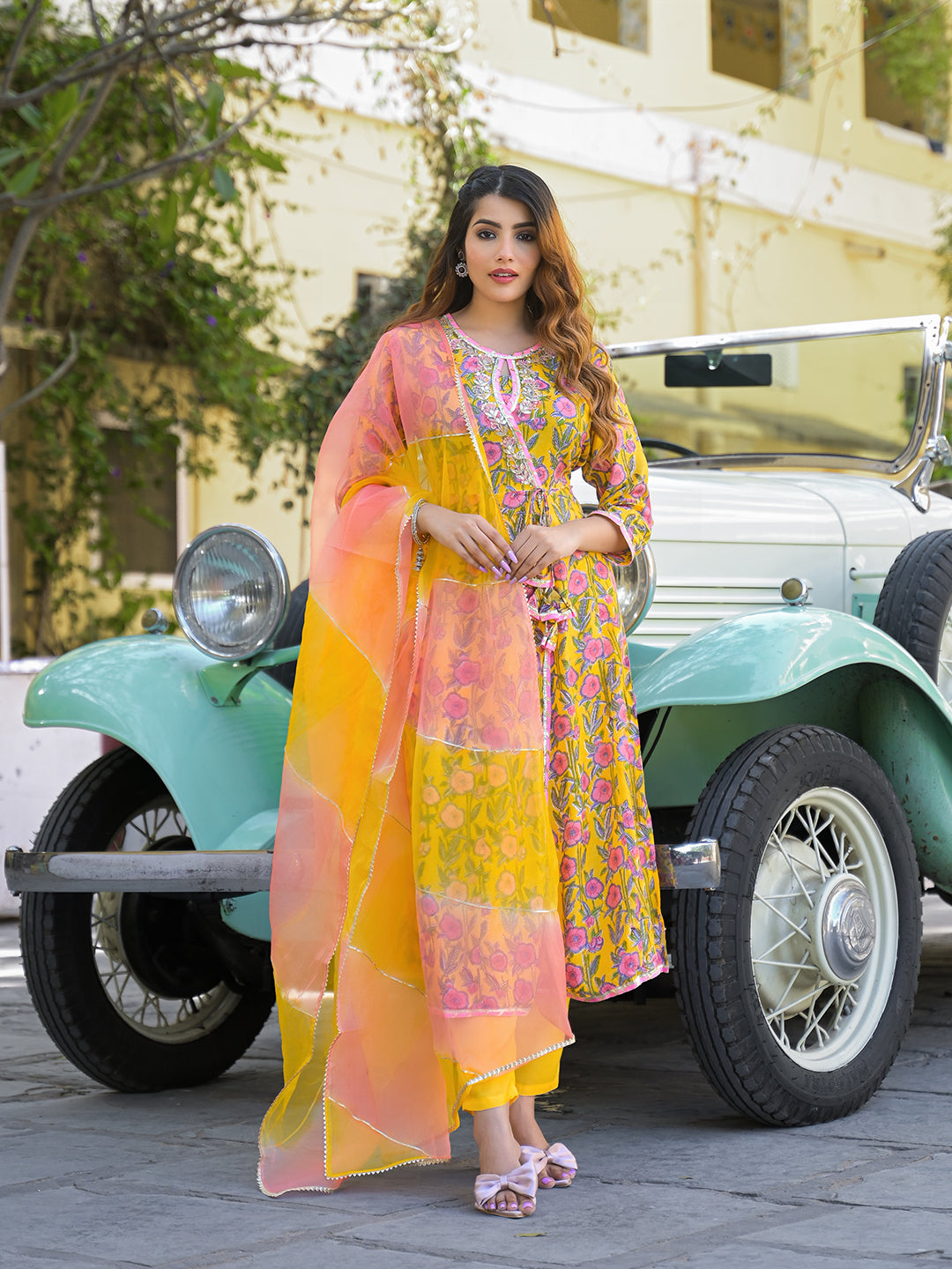 Yellow-Muslin-Floral-Anarkali-Kurta-Set-With-Dupatta