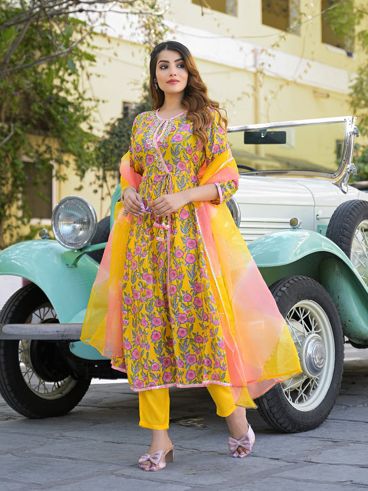 Yellow-Muslin-Floral-Anarkali-Kurta-Set-With-Dupatta