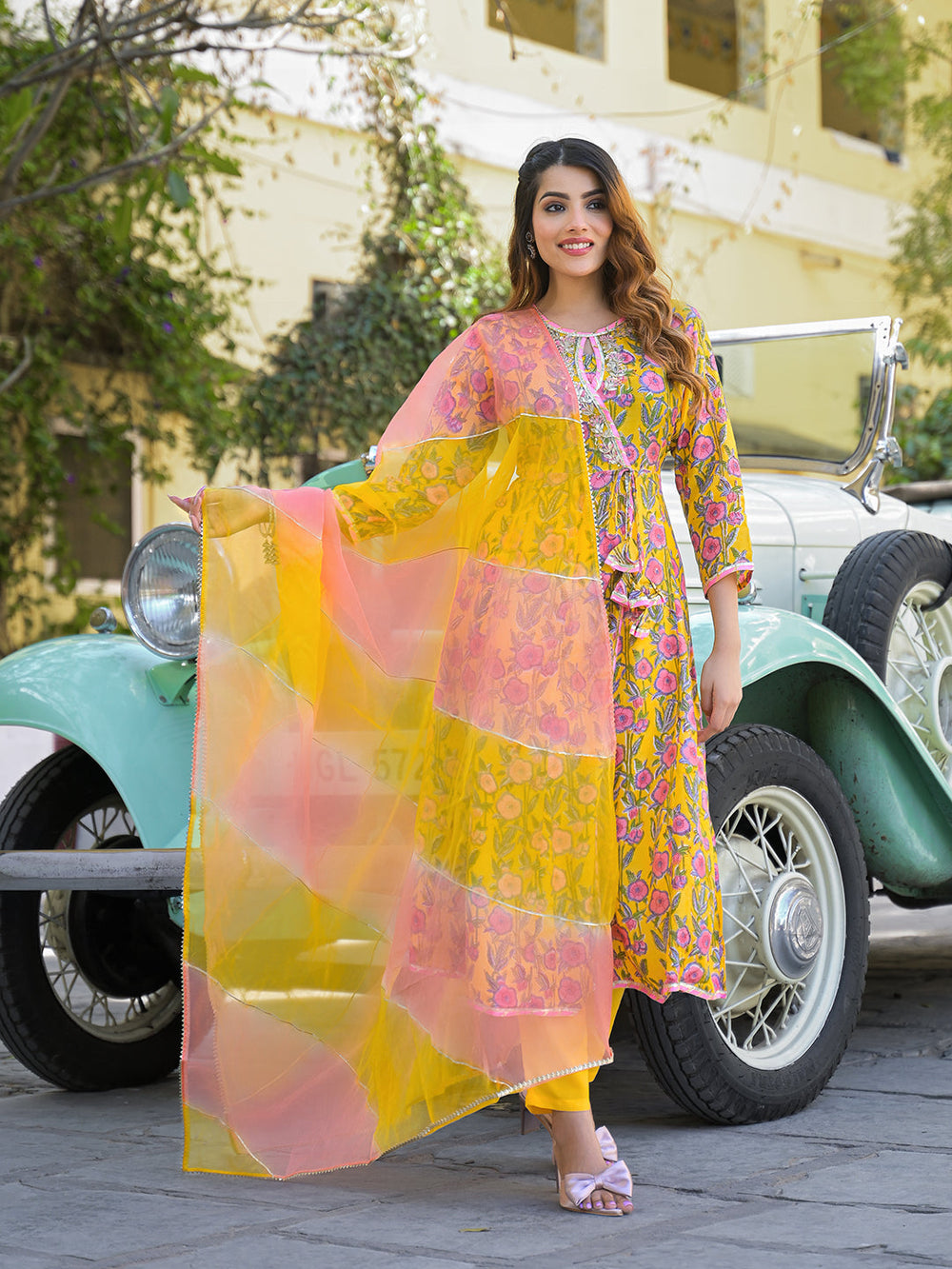Yellow-Muslin-Floral-Anarkali-Kurta-Set-With-Dupatta