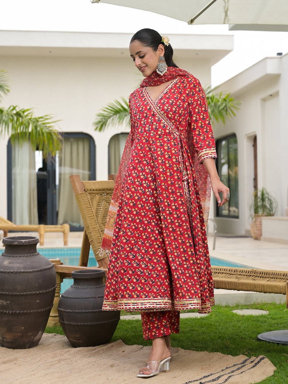 Red-Cotton-Floral-Print-Flared-Kurta-Set-with-Dupatta